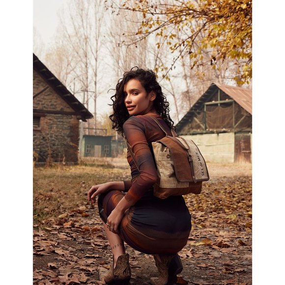 Myra Bag Handmade Tahini Backpack Upcycled Canvas & Cowhide Leather - Picture 1 of 10